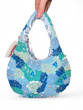 blue and green pearl multicolor patch floral beaded tote bag made in india